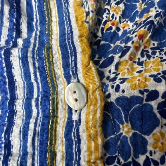 Habitat Yellow Blue Stripe Floral *XS Top Cotton Crinkle 3/4 Sleeve Button Boho - Picture 14 of 16